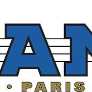 May include: A blue and white logo for Adams, a clothing brand. The logo features the word "Adams" in a bold, blue font with white outlines. The word "Adams" is centered on a white background with five horizontal lines above the word. The logo also features a small, gold Eiffel Tower in the middle of the word "Adams". The logo is topped with a red and brown baseball cap. The text "NEW YORK &bull; PARIS &bull; MILAN" is below the logo in a gold font.