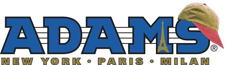 May include: A blue and white logo for Adams, a clothing brand. The logo features the word "Adams" in a bold, blue font with white outlines. The word "Adams" is centered on a white background with five horizontal lines above the word. The logo also features a small, gold Eiffel Tower in the middle of the word "Adams". The logo is topped with a red and brown baseball cap. The text "NEW YORK &bull; PARIS &bull; MILAN" is below the logo in a gold font.