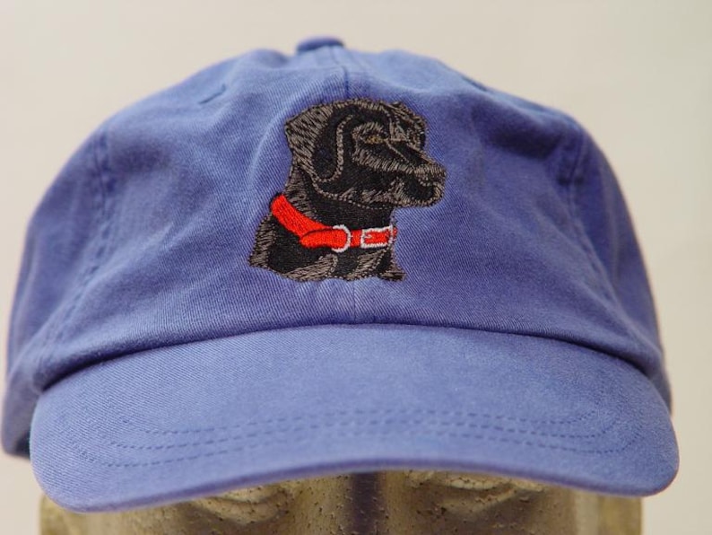 Pu&ograve; includere: Un berretto da baseball blu con un cane ricamato nero che indossa un collare rosso.