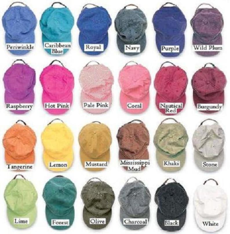 May include: Twenty-four different colored baseball caps, each with a different color name written below it. The caps are arranged in four rows of six caps each.