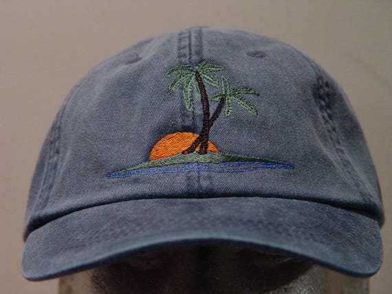 Palm Trees Sunset Hat Embroidered Men Women Ocean Wildlife Cap - Price Embroidery Apparel - 24 Color Mom Dad Tropical Island Gift Vacation
