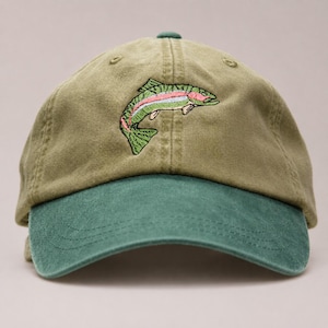 RAINBOW TROUT HAT - One Embroidered Men Women Fish Wildlife Cap - Price Embroidery Apparel 6 Two Tone Color Adult Mom Dad Gift Fishing Caps