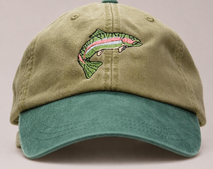 RAINBOW TROUT HAT - One Embroidered Men Women Fish Wildlife Cap - Price Embroidery Apparel 6 Two Tone Color Adult Mom Dad Gift Fishing Caps