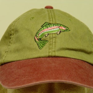 RAINBOW TROUT HAT One Embroidered Men Women Fish Wildlife Cap Price Embroidery Apparel 6 Two Tone Color Adult Mom Dad Gift Fishing Caps image 5