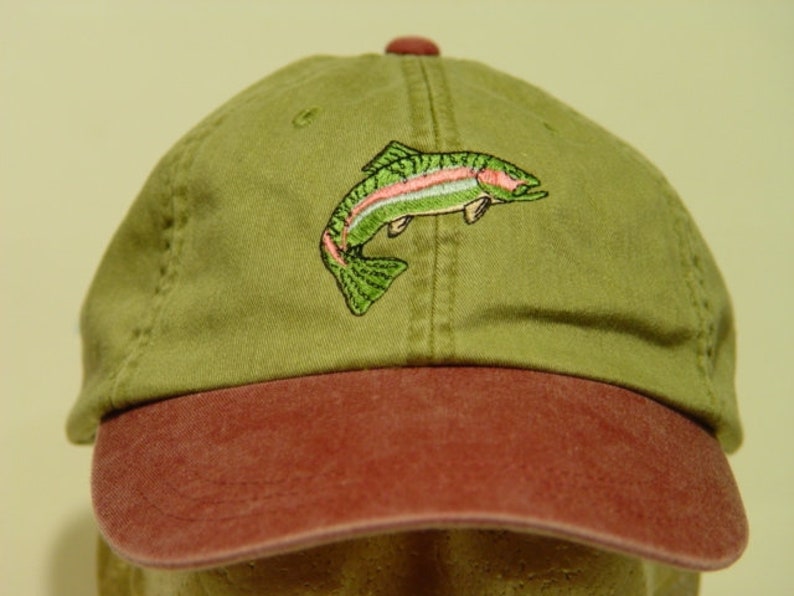 RAINBOW TROUT HAT One Embroidered Men Women Fish Wildlife Cap Price Embroidery Apparel 6 Two Tone Color Adult Mom Dad Gift Fishing Caps image 5