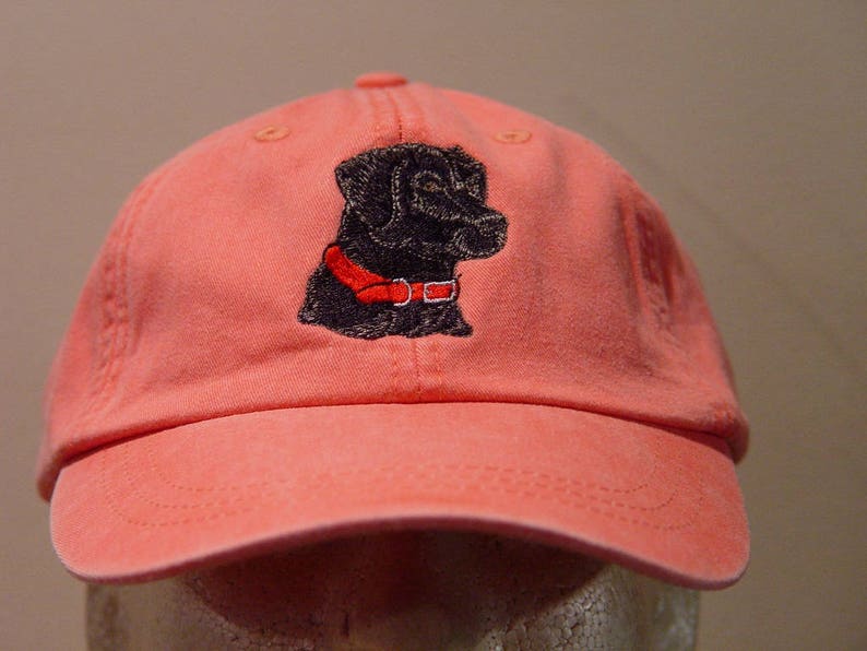 Pu&ograve; includere: Un berretto da baseball in cotone rosa con un Labrador Retriever nero ricamato che indossa un collare rosso.