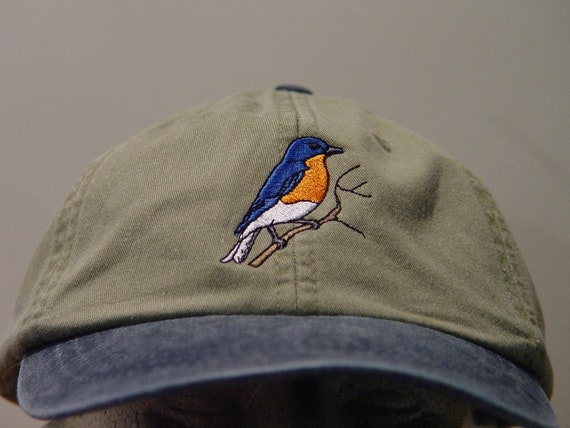 EASTERN BLUEBIRD HAT - Embroidered Wildlife Men Women Baseball Cap - Price Embroidery Apparel 6 Two Tone Color Mom Dad Gift Bird Caps Thrush