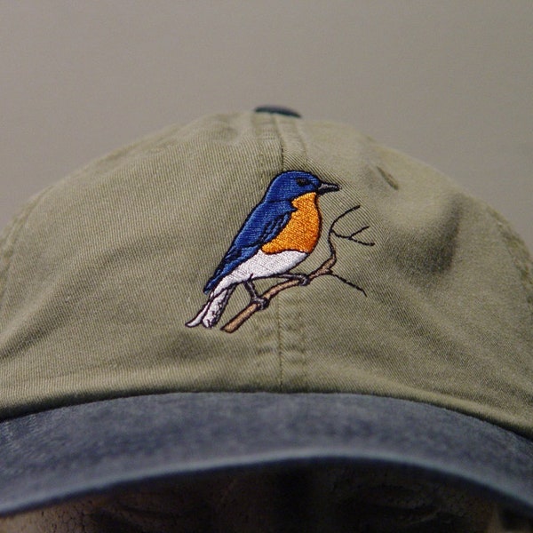 EASTERN BLUEBIRD HAT - Embroidered Wildlife Men Women Baseball Cap - Price Embroidery Apparel 6 Two Tone Color Mom Dad Gift Bird Caps Thrush