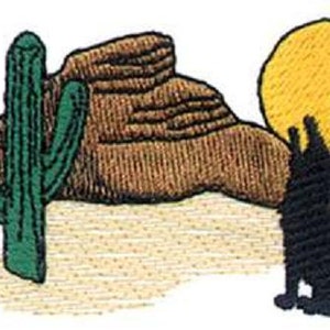 May include: An embroidered patch depicting a desert scene with a cactus, a rocky hill, a coyote howling at the yellow sun, and a brown sandy ground.