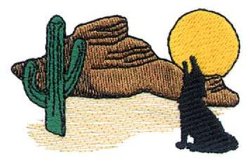 May include: An embroidered patch depicting a desert scene with a cactus, a rocky hill, a coyote howling at the yellow sun, and a brown sandy ground.