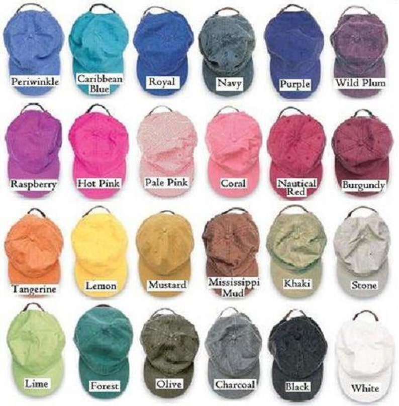 May include: Twenty-four different colored baseball caps, each with a different color name written below it. The caps are arranged in four rows of six caps each.