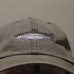 May include: A green baseball cap with an embroidered image of a fish on the front.