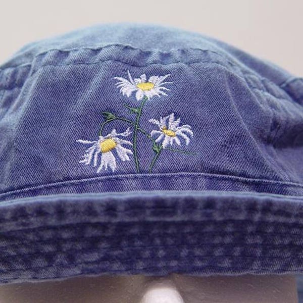 White FIELD DAISY April Flower of Month XL Bucket Women Men Hat - Embroidered Wild Meadow Garden Cap - 8 Colors  - Price Apparel Embroidery