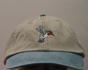 HUMMINGBIRD HAT - One Embroidered Bird Women Men Wildlife Gift Cap - Price Embroidery Apparel 6 Two Tone Color Adult Mom Dad Caps Available