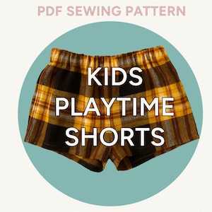 Op de afbeelding: Een PDF-naaipatroon voor kindershorts. De shorts hebben een ruitpatroon in geel, bruin en zwart. De afbeelding bevat tekst die luidt "2-7 jaar, beginner vriendelijk, PDF naaipatroon" en "Kids Playtime Shorts."