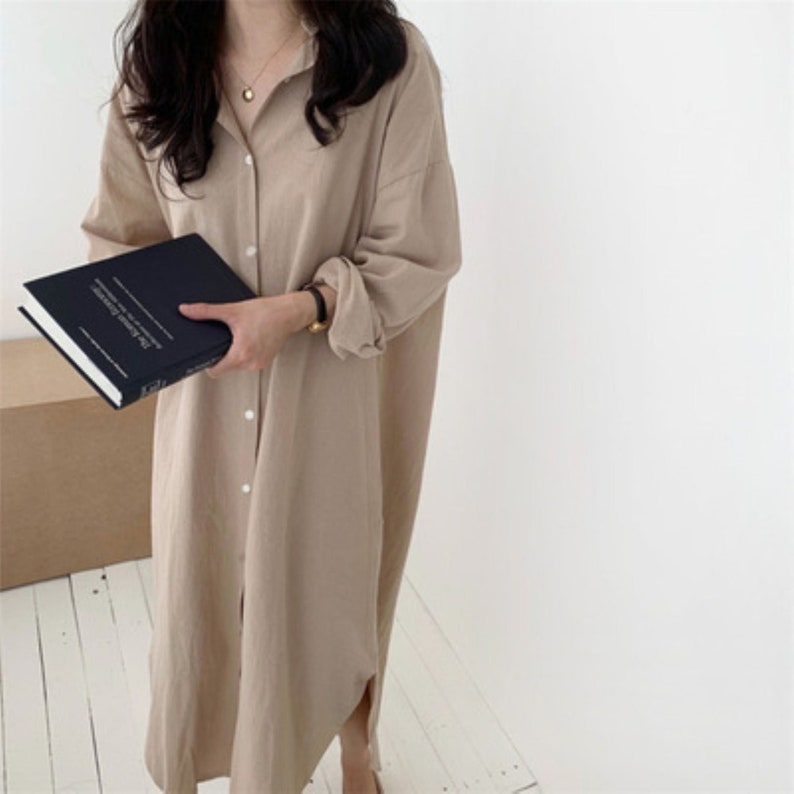 Women Oversize Long Sleeve Cotton/Linen Shirtdress with Pockets-Long Dress-Casual/Holliday/Vacation/Beach wear 