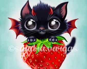 Strawberry Kitty 8 x 10 Art Print, Devil Kitty, Black Cat Wall Art, Wall Decor