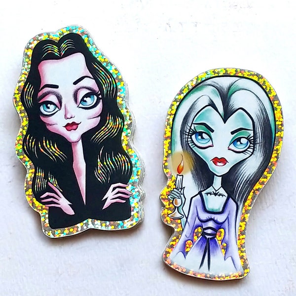 Gothic Divas Glitter Stickers - Lily & Morticia Stickers, Halloween Divas, Snail Mail Gift, Goth Moms, Mother's Day Gift