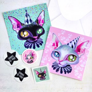 Conjunto de cartões postais de aniversário de gatos palhaços, cartões de comemoração, postcrossing, correio tradicional