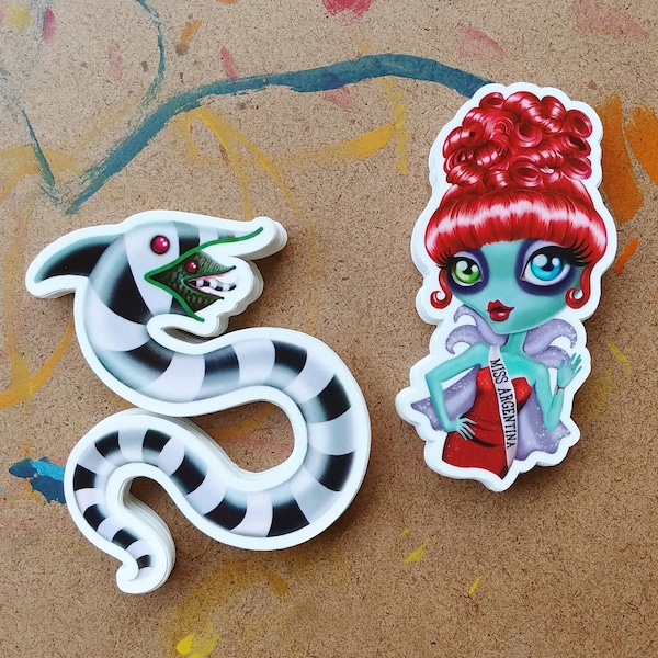 Miss Argentina Beetlejuice & Sandworm Die Cut Vinyl Stickers, Set of 2 Stickers, Postcrossing, Penpal, Snail Mail Swap