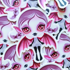 Sticker roze vleermuismeisje, griezelige schattige sticker, penvriend, gothic meisje, Valloween, Valentijnsdag