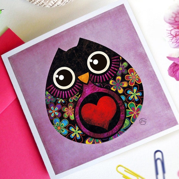 Bohemian Owl Greeting Card w/ Envelope, Love Owl, Mother's Day Gift, Love Card, Thank You Card, Friendship Card