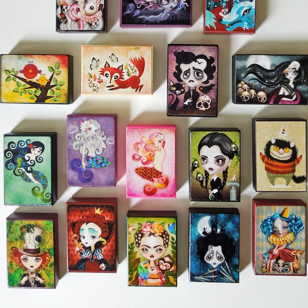 You Pick! Collectible Mini Print ACEO ATC Mounted on Wood, Basket Stuffers, Mini Art, Easter Gift