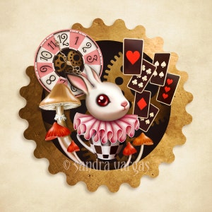May include: A white rabbit wearing a pink ruffled collar and holding a teacup with a black and white checkered pattern. The rabbit is surrounded by mushrooms, playing cards, and a clock face with Roman numerals.