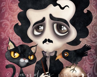 Edgar A. Poe 8x10 Art Print, Wall Decor, Gothic Writer, Raven