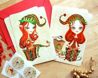 Christmas Postcard Pack - Christmas Elves - Set of 4 Postcards w/ Red Envelopes and Seals - Postcrossing, Snail Mail, Swap