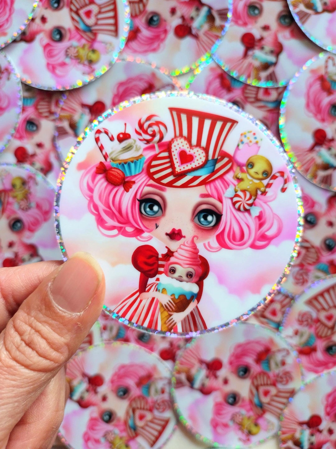 Sticker pailleté Candy Girl, Sticker rond en vinyle, Dents sucrés ...