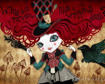 Mad Hatter 8 x 12 Digital Art Print - Why is a Raven Like a Writing Desk - Mad Riddle