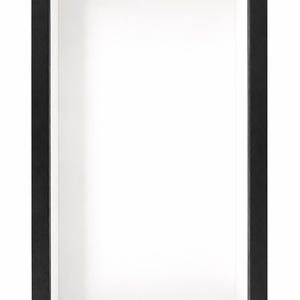 May include: A rectangular shadow box frame featuring a deep black outer border and a clean white interior backing. The frame is oriented vertically, providing a recessed display area with a smooth, matte finish on the dark wooden frame edges.