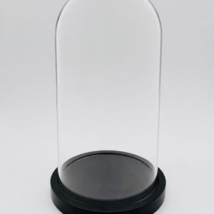 May include: A clear glass cloche dome with a smooth, rounded top, set upon a solid, circular black base. The transparent glass cover is tall and cylindrical, designed to sit securely within the recessed groove of the matte black stand.