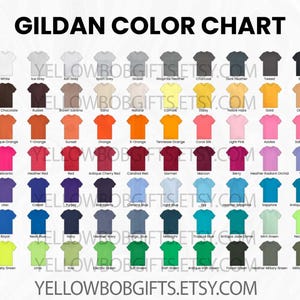 K&ouml;nnte beinhalten: Eine Farbkarte f&uuml;r Gildan-T-Shirts mit einer gro&szlig;en Auswahl an Farben. Die Karte zeigt verschiedene Farbt&ouml;ne, darunter Wei&szlig;, Schwarz und ein Spektrum an Farbt&ouml;nen wie Orange, Gr&uuml;n und Blau. Der Text "GILDAN COLOR CHART" steht oben, mit der Etsy-Shop-URL unten.