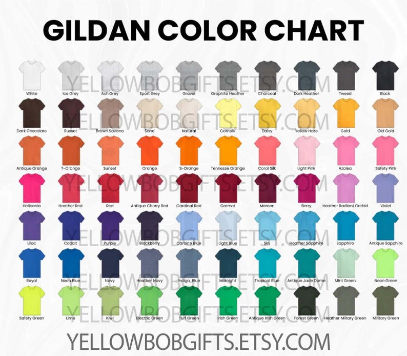 K&ouml;nnte beinhalten: Eine Farbkarte f&uuml;r Gildan-T-Shirts mit einer gro&szlig;en Auswahl an Farben. Die Karte zeigt verschiedene Farbt&ouml;ne, darunter Wei&szlig;, Schwarz und ein Spektrum an Farbt&ouml;nen wie Orange, Gr&uuml;n und Blau. Der Text "GILDAN COLOR CHART" steht oben, mit der Etsy-Shop-URL unten.