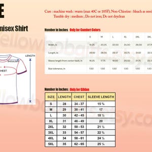 K&ouml;nnte beinhalten: Gr&ouml;&szlig;entabelle f&uuml;r ein Unisex-Shirt mit Ma&szlig;en in Zoll und Zentimetern. Enth&auml;lt Breite, L&auml;nge und &Auml;rmell&auml;nge, mit separaten Tabellen f&uuml;r Comfort Colors und Gildan. Pflegehinweise sind ebenfalls enthalten.