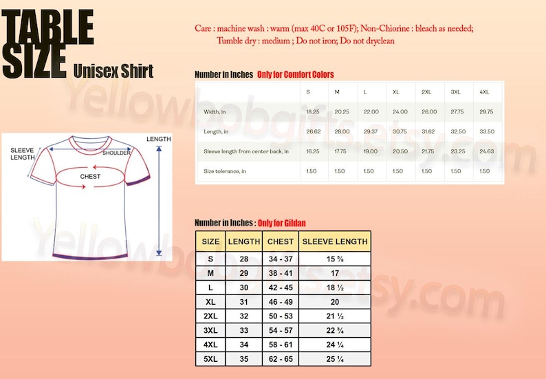 K&ouml;nnte beinhalten: Gr&ouml;&szlig;entabelle f&uuml;r ein Unisex-Shirt mit Ma&szlig;en in Zoll und Zentimetern. Enth&auml;lt Breite, L&auml;nge und &Auml;rmell&auml;nge, mit separaten Tabellen f&uuml;r Comfort Colors und Gildan. Pflegehinweise sind ebenfalls enthalten.