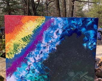 Rainbow Galaxy Glittery LGBTQ Acrylic Canvas Painting 30 x 24 inches