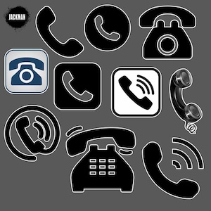 以下が含まれることがあります： 回転式電話、ダイヤルパッド付き電話、受話器付き電話など、黒と白の電話アイコンのコレクション。アイコンはグレーの背景にグリッドパターンで配置されています。