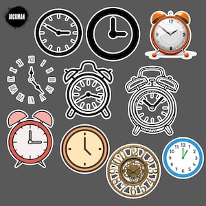 May include: A collection of ten different clock designs, including analog and digital clocks, with various styles and colors. The clocks are all in a circular shape and feature different designs, such as a simple clock face, a clock with a Roman numeral face, and a clock with a decorative design.