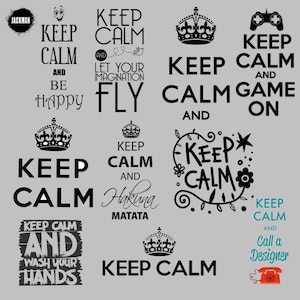 Może przedstawiać: Kolekcja czarno-białych plakatów "Zachowaj spokój i..." z różnymi przesłaniami. Plakaty przedstawiają koronę, ptaka, kwiat, kontroler do gier wideo i znak do mycia rąk. Plakaty znajdują się na szarym tle.