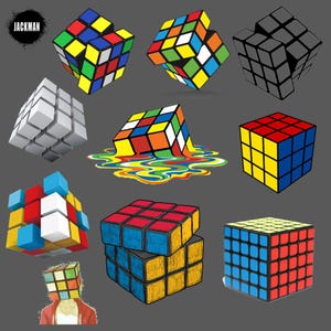 May include: A collection of nine colorful Rubik's Cubes in various positions and configurations. Some cubes are classic 3x3x3, while others are larger or smaller. The cubes are on a gray background.