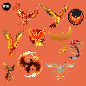 May include: A collection of nine colourful phoenix bird illustrations in various poses and styles. The phoenixes are depicted with fiery wings and tails, symbolising rebirth and renewal.