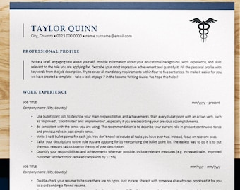 May include: A resume template designed for medical professionals. The template includes sections for professional profile, work experience, and job title. The template also includes a medical symbol.