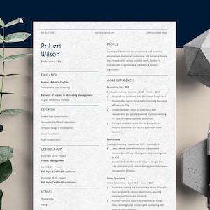 May include: A resume for Robert Wilson, highlighting his experience in Google Docs customization, template design, and project management. The resume includes his education, work experience, certifications, and hobbies.