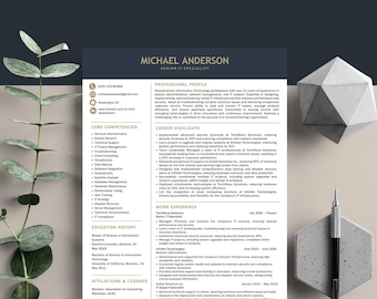 May include: A black and white resume with a dark gray background. The resume is for Michael Anderson, Senior IT Specialist. The resume includes contact information, core competencies, career highlights, work experience, education history, and affiliations and licenses.