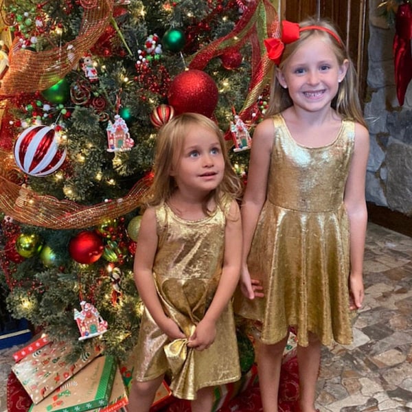 Gold Velvet Girls Christmas Dress, Twirl Dress, Fall Dress, Toddler Dress, Bright Metallic Gold, Full Circle Skirt, handmade by Fi and Me