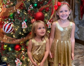 Gold Velvet Girls Christmas Dress, Twirl Dress, Fall Dress, Toddler Dress, Bright Metallic Gold, Full Circle Skirt, handmade by Fi and Me