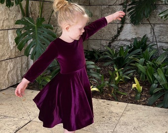 Girls Velvet Twirly Dress, More Colors Available, handmade by Fi and Me, Velveteen Twirl Dress, holiday photoshoot, Blue, Christmas Green